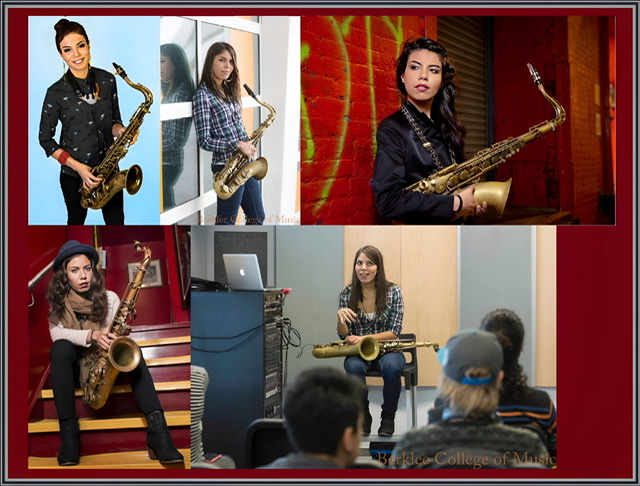 A color composite of five color photographs of Melissa Aldana holding her saxophone.