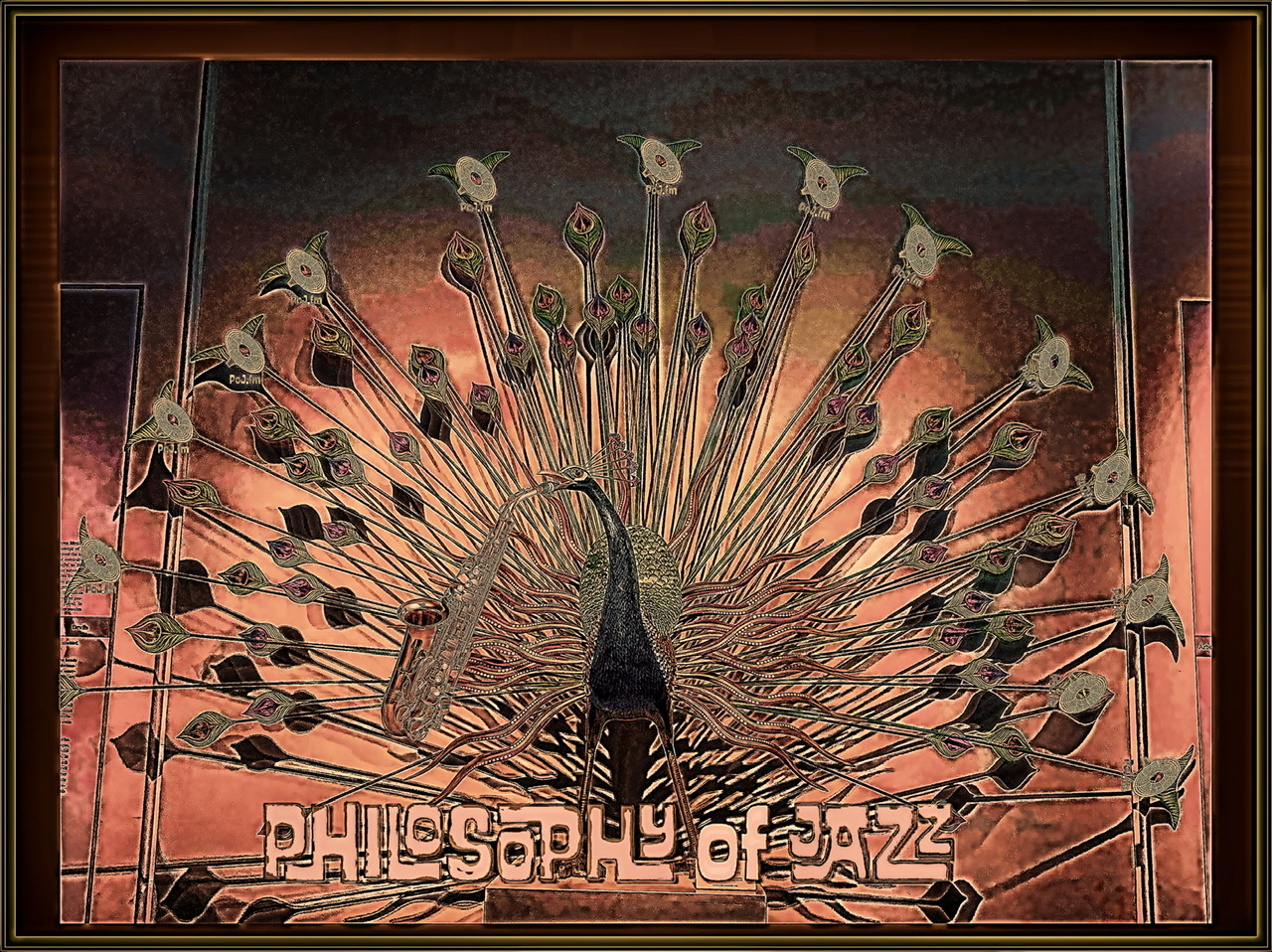 A photograph of an artwork peacock made of glass in Mexico City, Mexico at the Museo de Arte Popular showing the outermost peacock feathers having a PoJ.fm logo and at the foot of the graphic are the words Philosophy of Jazz.  The graphic uses a bronzing filter.