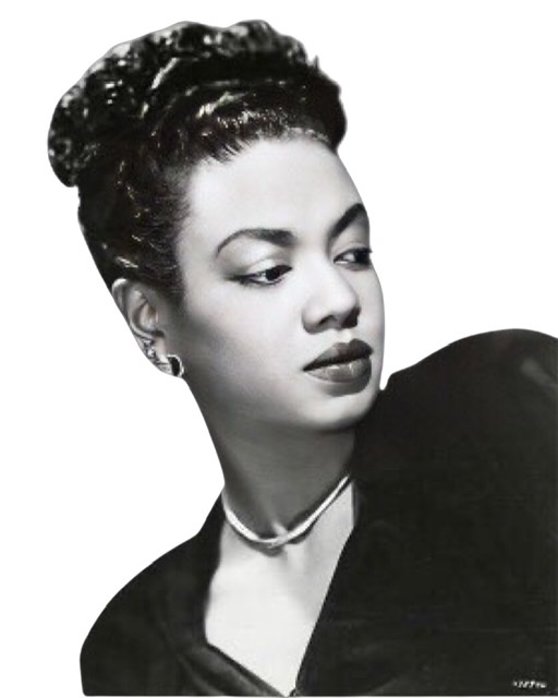 A black and white photograph of Hazel Scott] wearing stylish emerald-looking earrings.