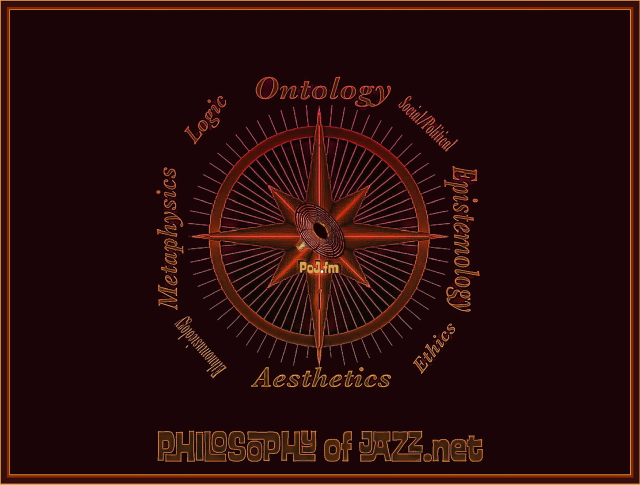 A darkly framed black background of a red spiked compass labelled with names of fields of philosophy at different compass points with a golden bronze PoJ.fm logo at center.