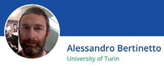 A color photograph of a headshot of Alessandro Bertinetto in a circle with the "University of Turin" written in large letters to his right.
