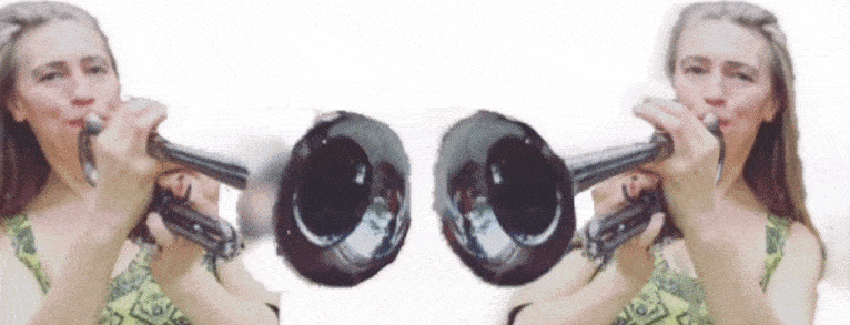 A color photographic cutout .gif of identical Saskia Laroo with a green patterned shirt with straps blowing hard on silver trumpet facing each other moving back and forth.