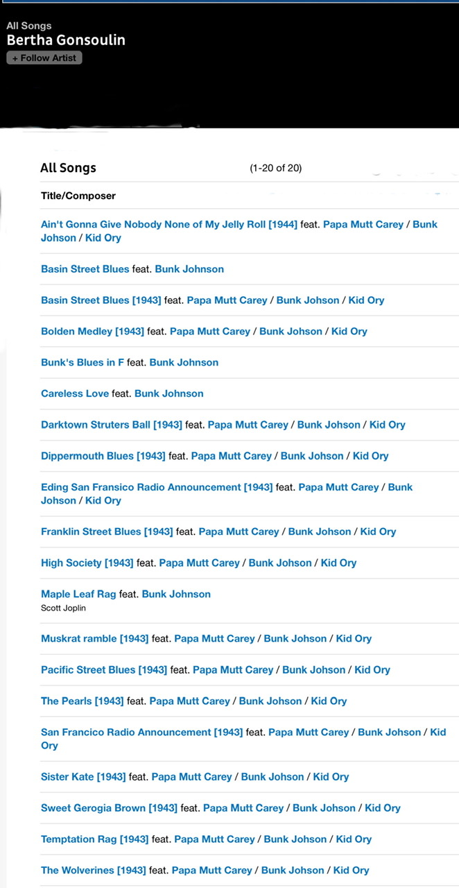 A list of all twenty songs recorded by Bertha Gonsoulin at AllMusic.com