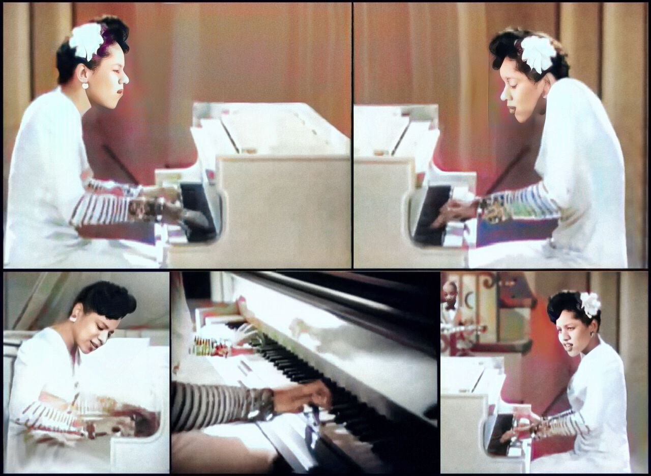 A colorized composite of six black and white screen captures of Dorothy Donegan in a flowing white dress seated and playing the piano.