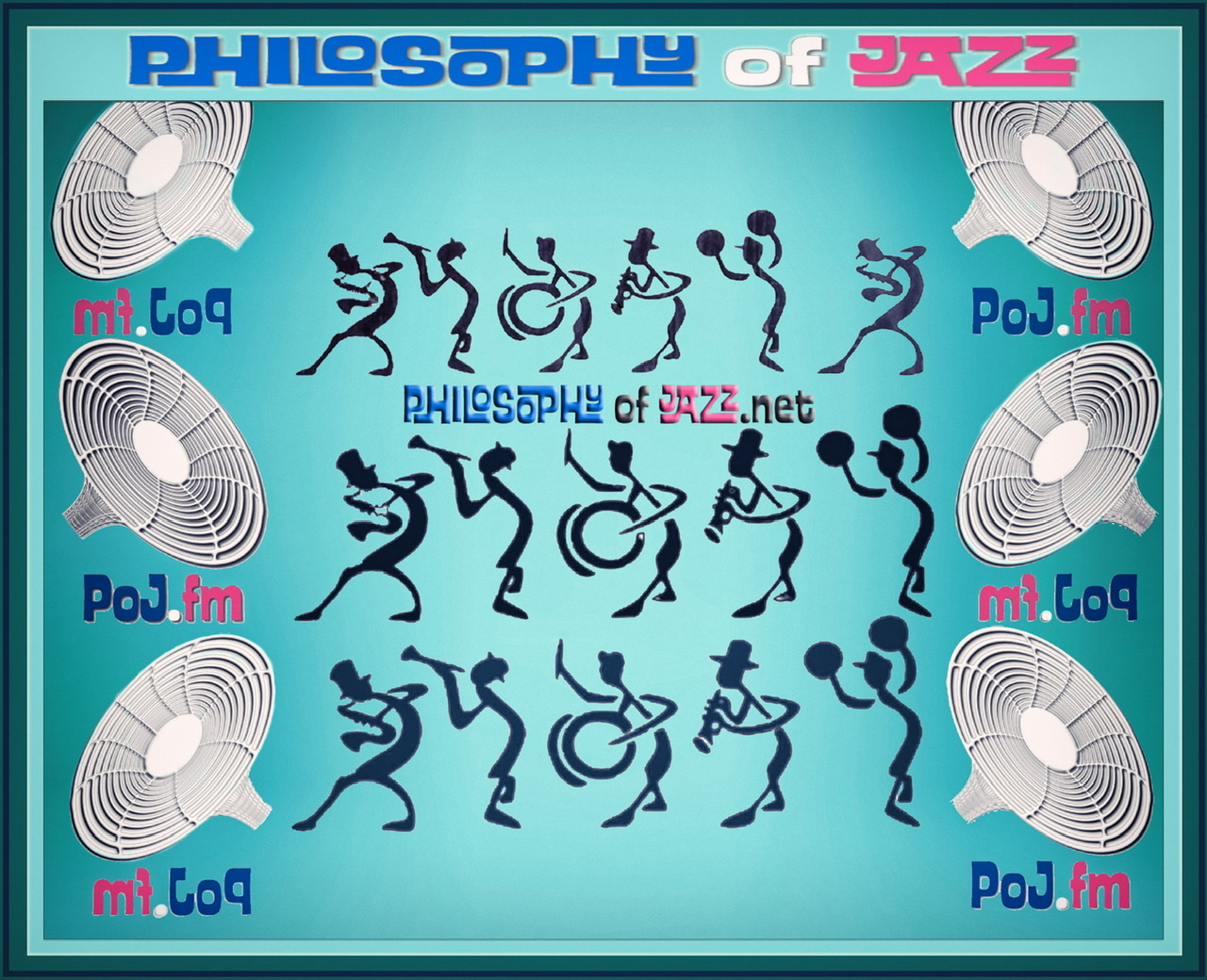 An advertising banner for PoJ.fm consisting of an aqua background with three rows of the same stylistic stick figures in the center dancing in a second line parade playing music for a jazz funeral from New Orleans with three large PoJ.fm logos on both sides and PhilosophyOfJazz.net in the dead center.