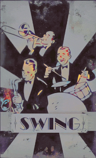 An animated .gif file of the saxophonist's  head in a swing jazz trio with PoJ.fm logos added.