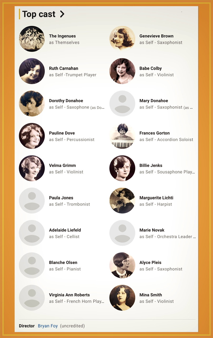 A framed and enhanced poster of headshots with names of members of The Ingenues in the film short for "The Band Beautiful."