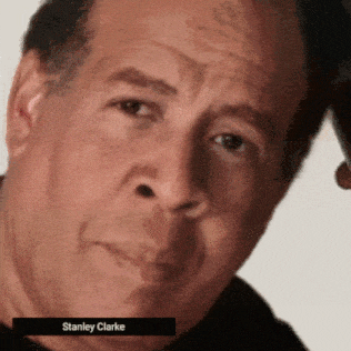 An animated .gif of the head of bassist  Stanley Clarke who is slowly moving his head from side to side.