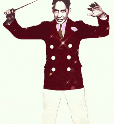 A colorized photographic cutout of a .gif of Jelly Roll Morton wearing a red jacket with large round buttons standing face forward with both arms raised and a conducting  baton in his right hand (on viewers left) ready to strike the downbeat.