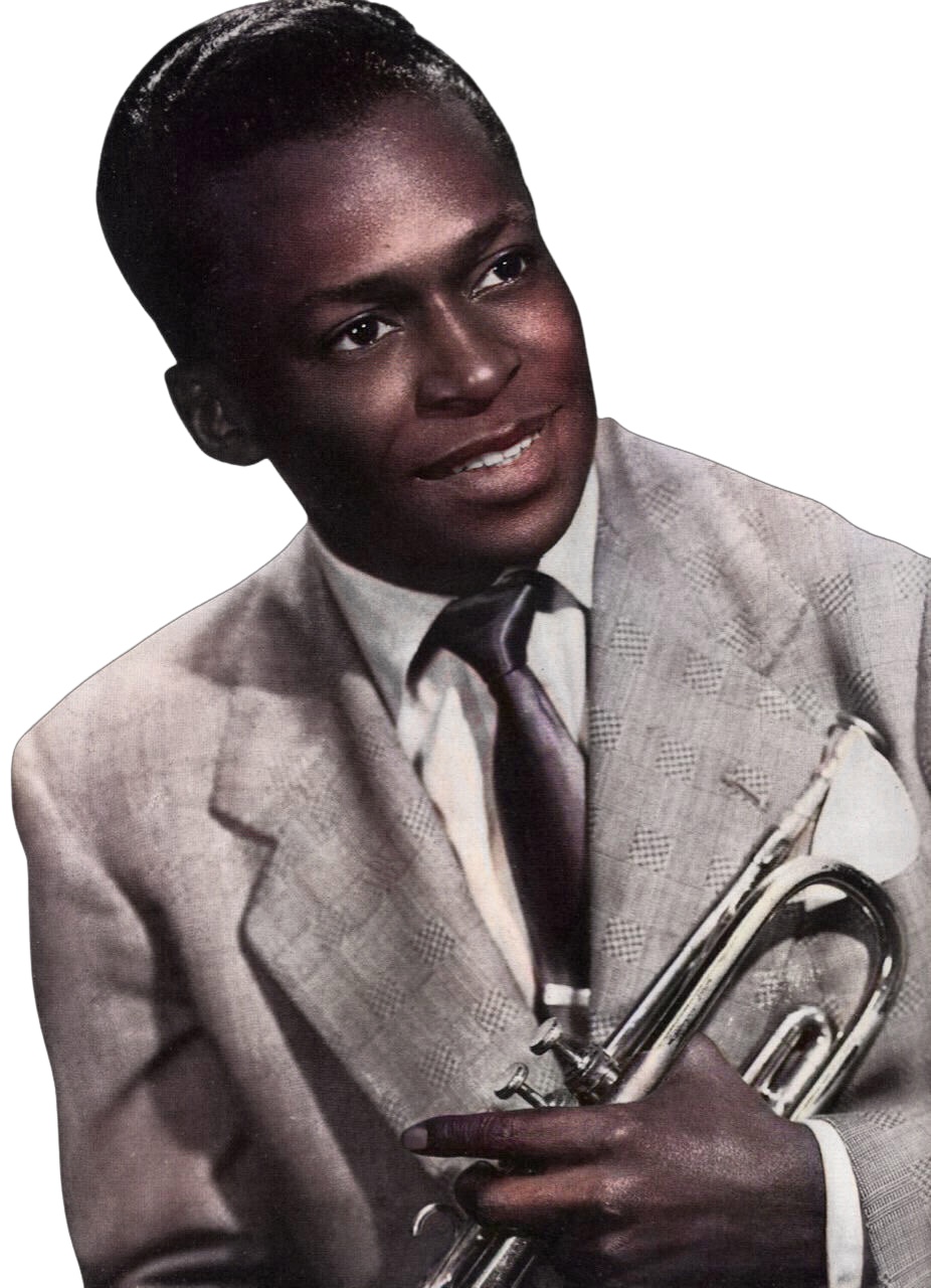 A colorized cutout photo of Miles Davis as a young man wearing a sports jacket and smiling while holding his trumpet down by his left side.