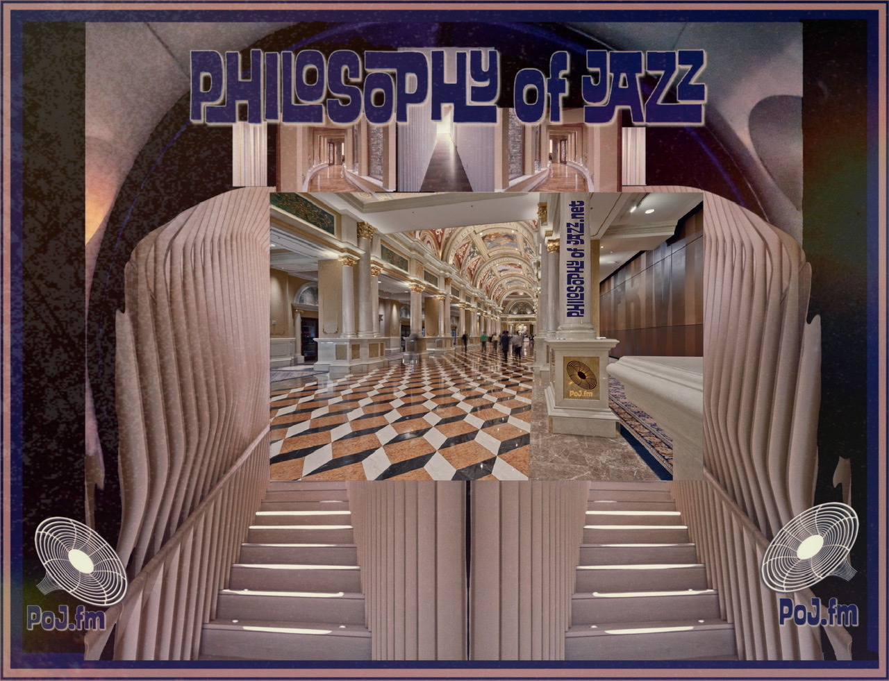 A framed graphic of a composite of stairways and corridors with PoJ.fm logos.