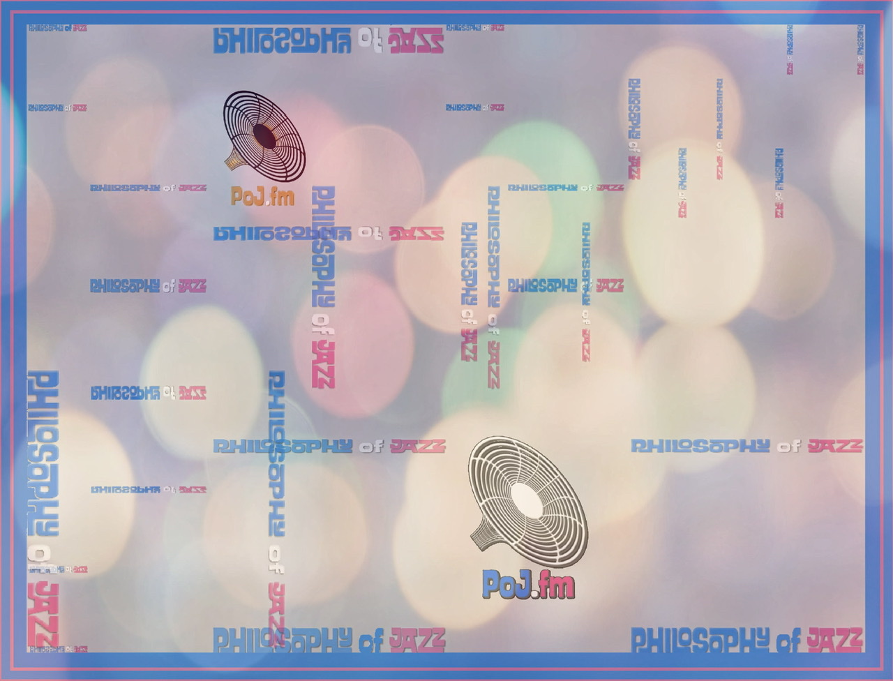 A framed color graphic of faded pastel colored balloon images with PoJ.fm logos plastered everywhere.
