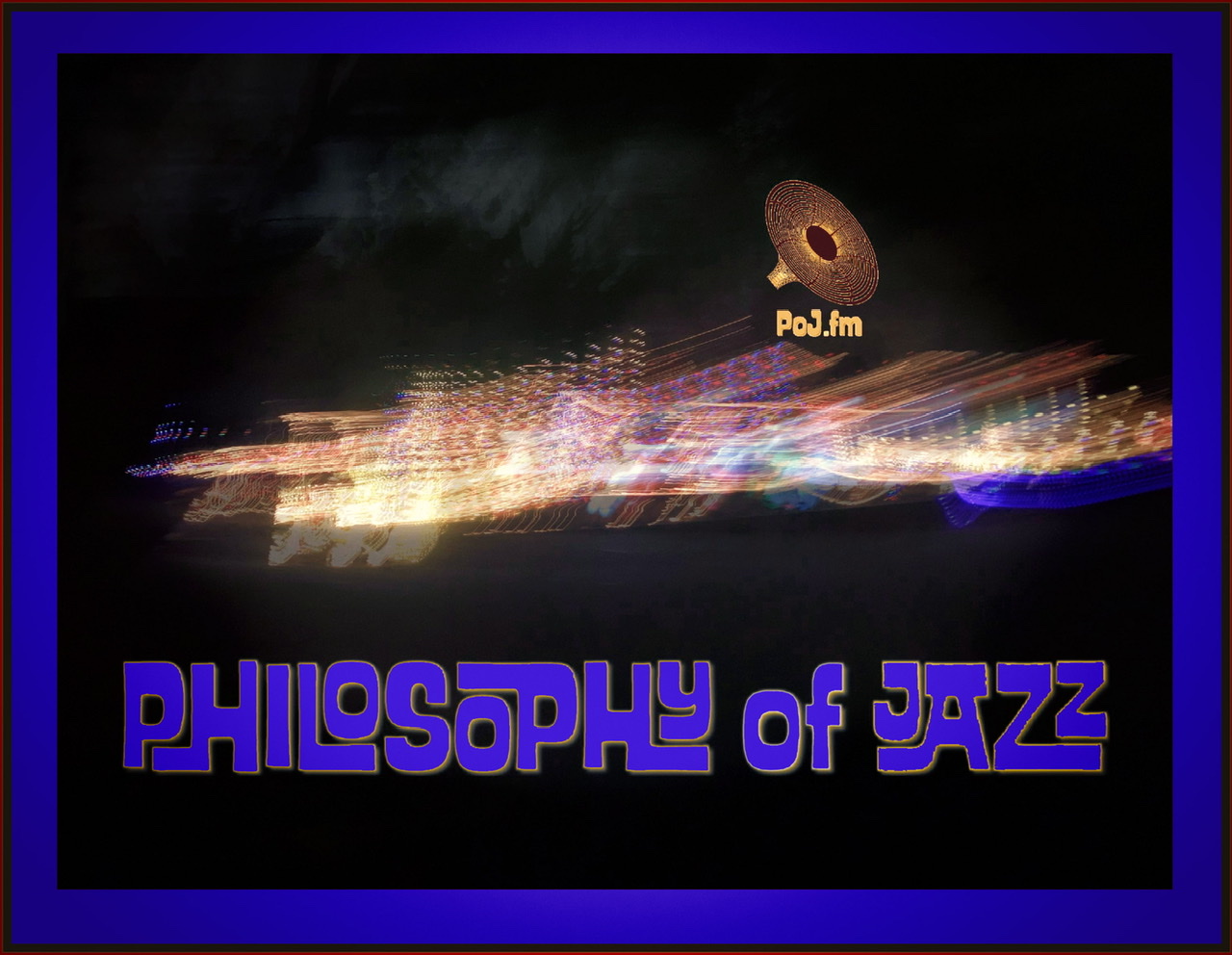 A framed photograph of neon colored Christmas lights blurred from motion with PoJ.fm logos added.