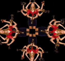 An animated .gif of four identical colored quadrants in a square of a colorful Saskia Laroo with eight arms circling her each holding or touching a musical instrument on a black background.