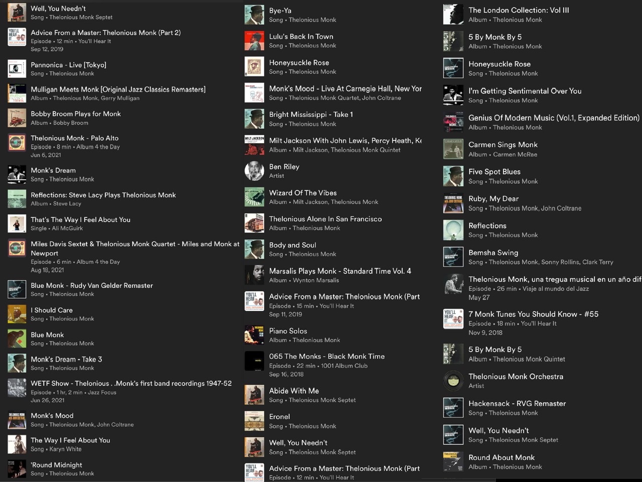 The Thelonious Monk discography with three columns of album covers and titles pictured on a black background at Spotify.com.