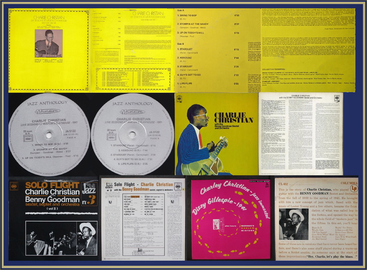 A framed composite of twelve Charlie Christian album covers with several in hot yellow or hot pink colors.