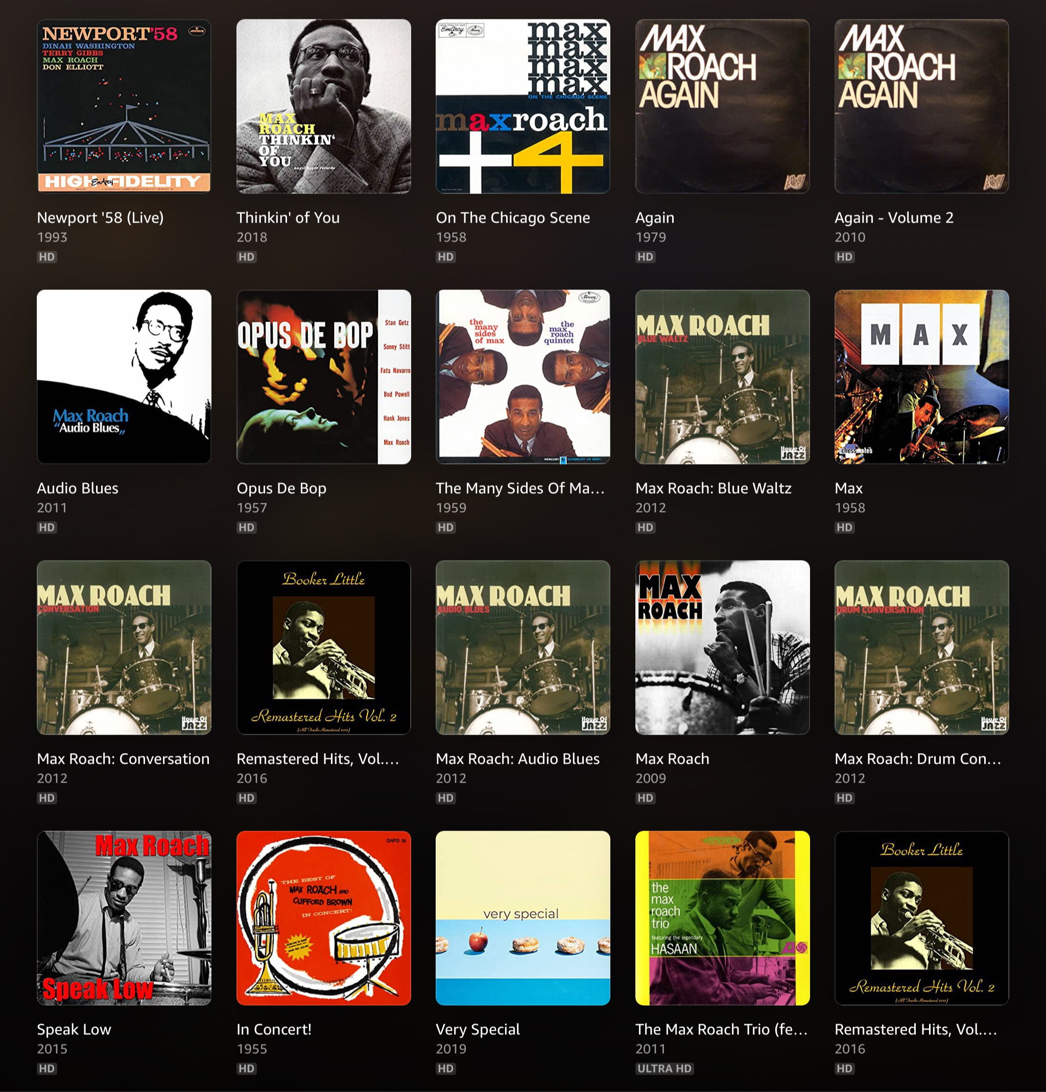 A collage of Max Roach's album covers.