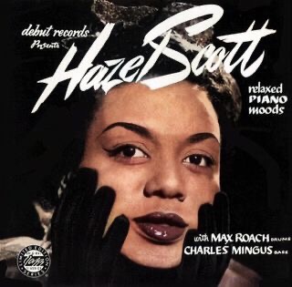 The colorized album cover of "Relaxed Piano Moods" by Hazel Scott on a dark background and a headshot closeup of Hazel Scott's face with her two black gloved hands grasping her own cheeks.