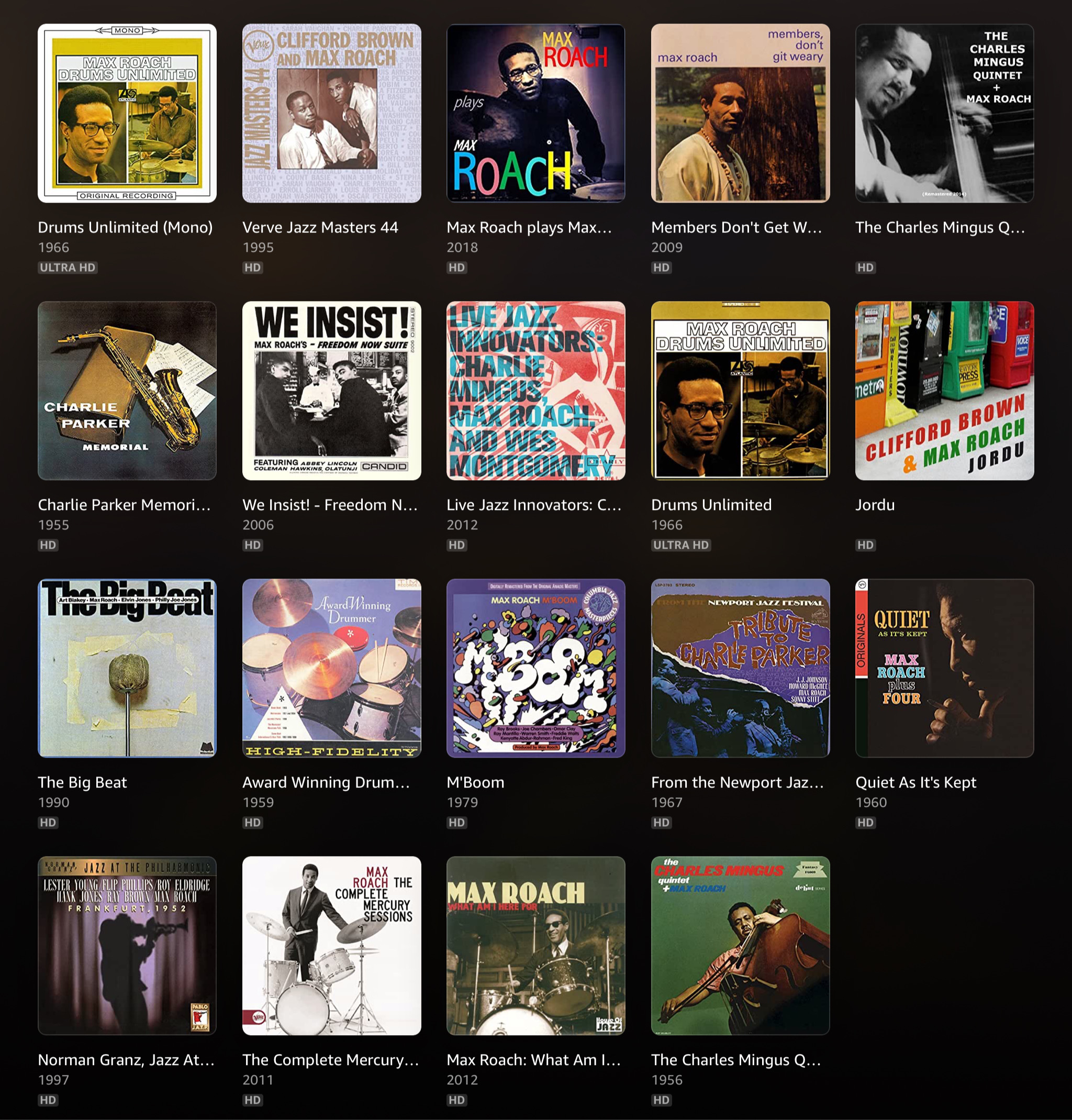 A collage of Max Roach's album covers.