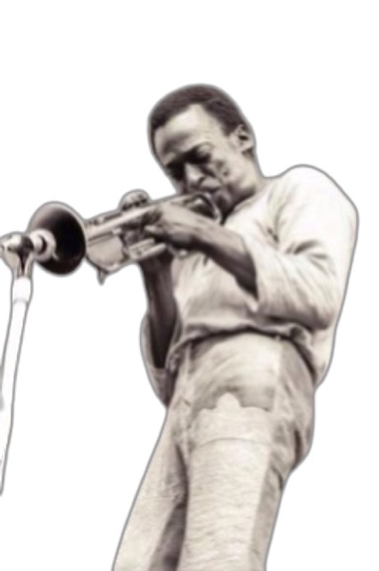 Miles Davis as a young man in a white shirt playing trumpet into a microphone.