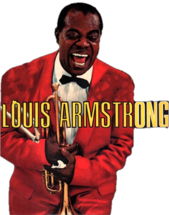Louis Armstrong with big open mouth showing upper and lower white teeth holding his trumpet in both hands near his bellybutton in front of him while wearing a bright red suit.