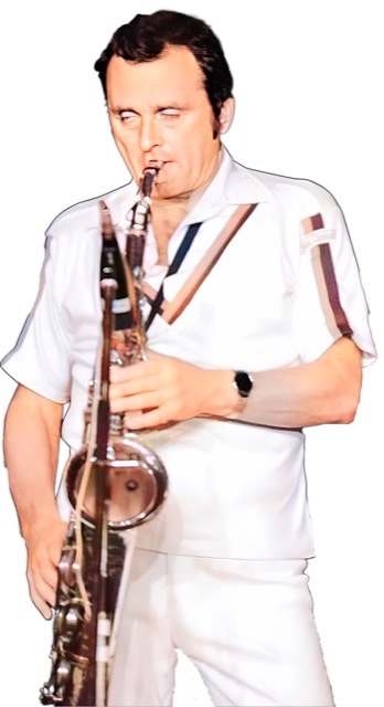 An enhanced and colorized photograph of Stan Getz playing his saxophone standing up with his eyes closed in 1976 at the North Sea Jazz Festival.