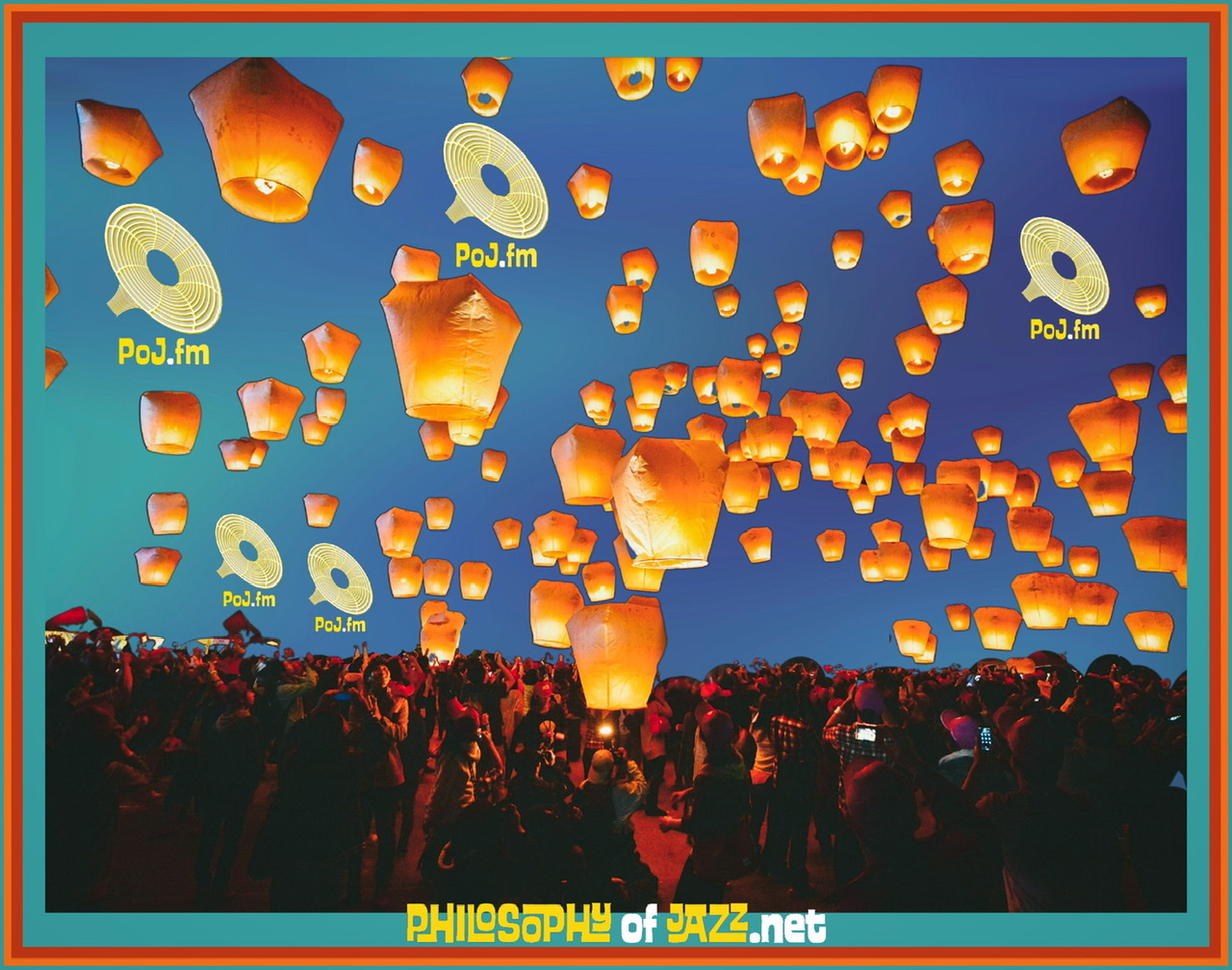 A framed and enhanced color graphi of over one hundred yellow-orange Chinese floating lanterns being released by a crowd into the sky with five yellow PoJ.fm logos floating in amongst them.