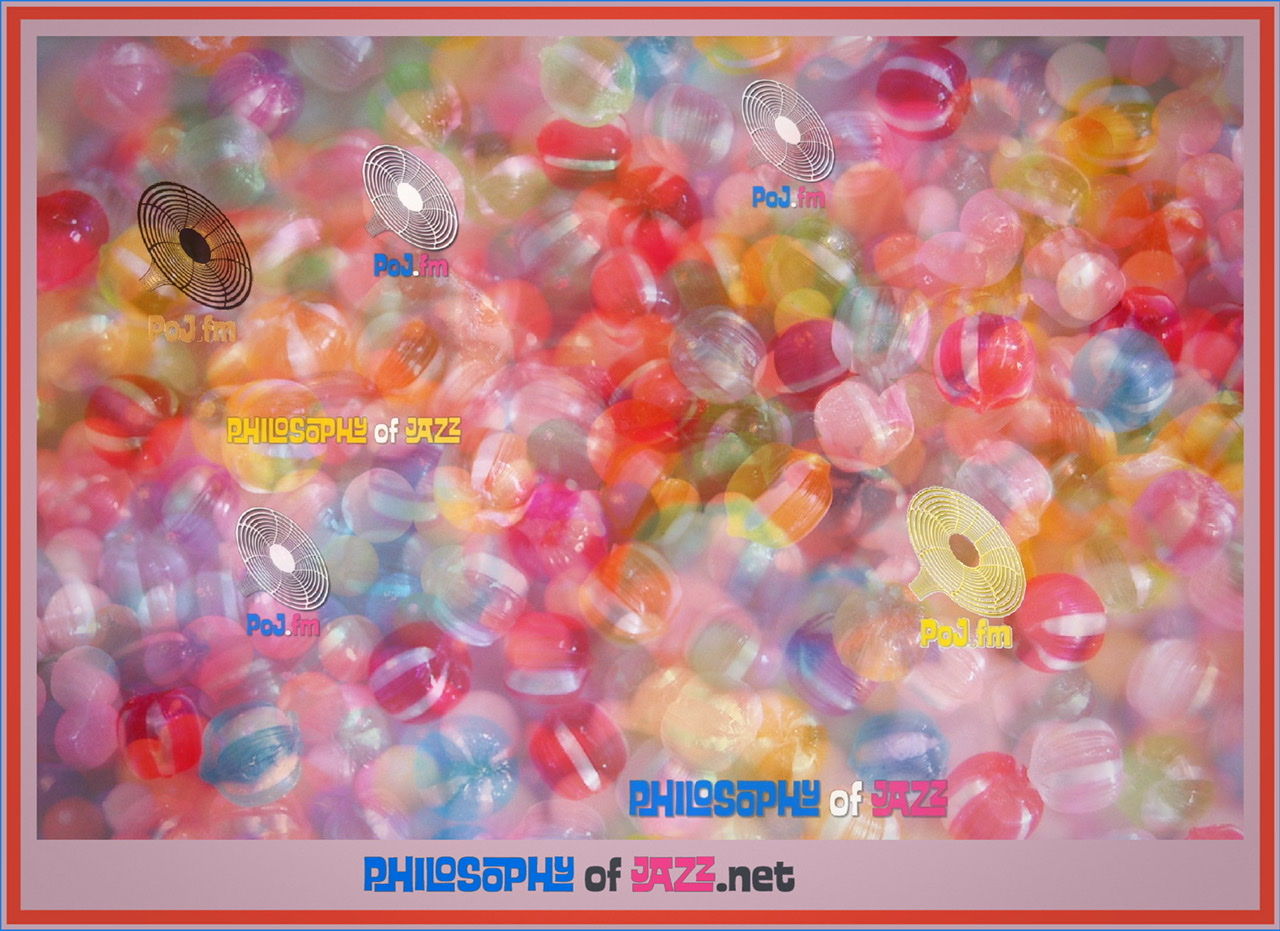 A framed graphic of several overlapping photographic transparencies of colored hard candies 🍬 with PoJ.fm logos added.