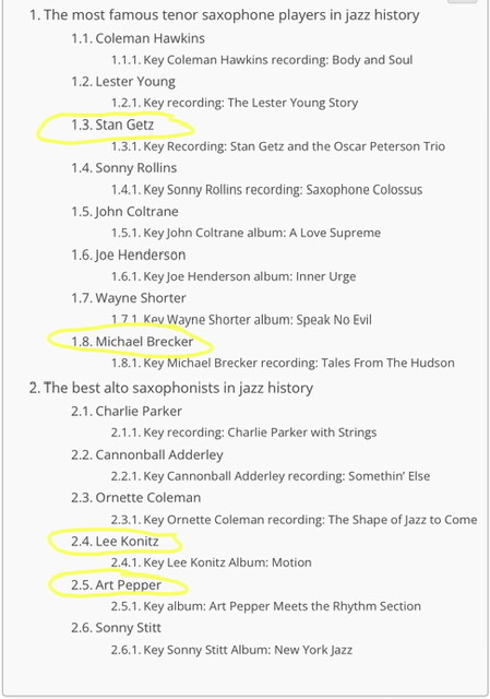 A list from JazzFuel.com using black font on white background in a vertical rectangular table of contents of the best eight tenor saxophonists and the best six alto saxophonists.