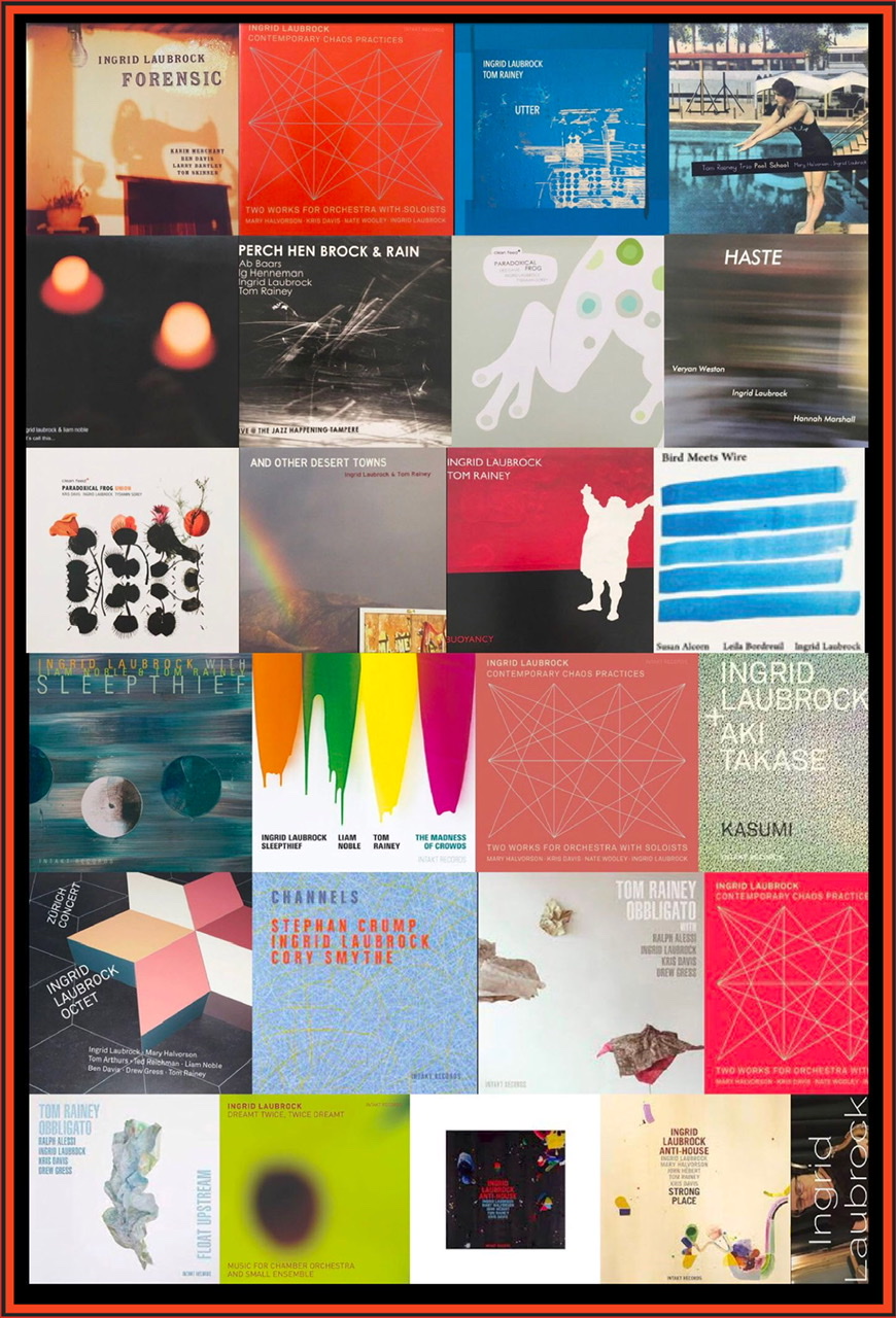 A composite of twenty-four album covers with Ingrid Laubrock performing on them.
