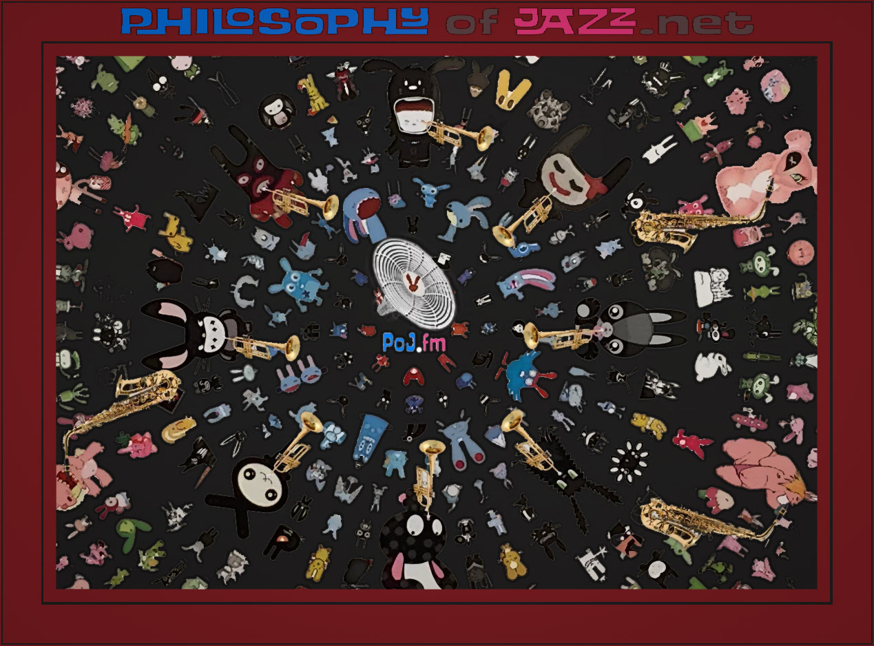 A black framed graphic with the words "Philosophy of Jazz.net" centered across the top of the brown frame with the interior displaying Korean styled cartoon-like animals on a blackish background arranged in expanding concentric circles with them playing added musical instruments of trumpets and saxophones with a centered PoJ.fm logo.