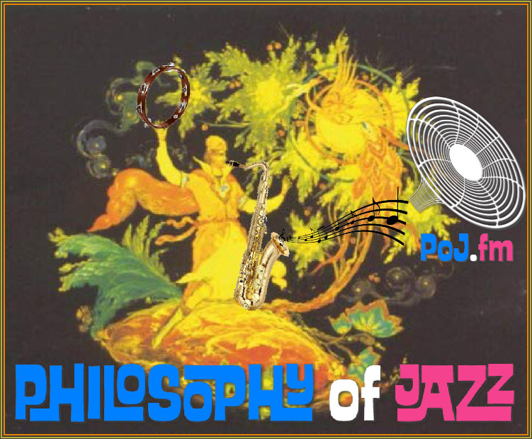 A colorful painting of a single male Russian dancer holding a tambourine while playing a large saxophone with PoJ.fm logos.