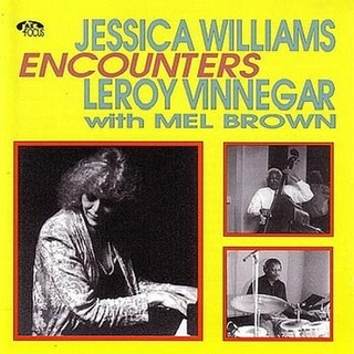 The album cover for "Encounters 1" with Jessica Williams trio with a bright yellow background with the three players individually  photographed each situated inside of a red box with Jessica Williams on left half, bassist Leroy Vinnegar on right side above drummer Mel Brown.