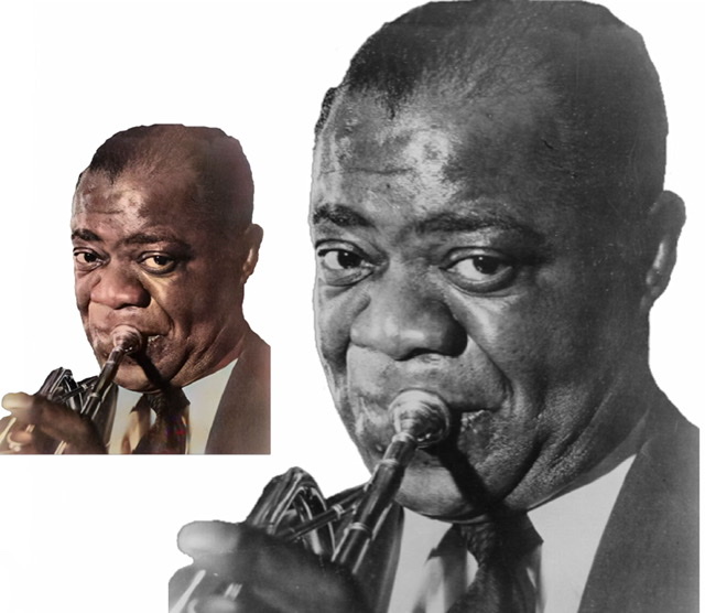 A colorized photographic cutout inset on left with the same original black and white cutout photograph larger on right.