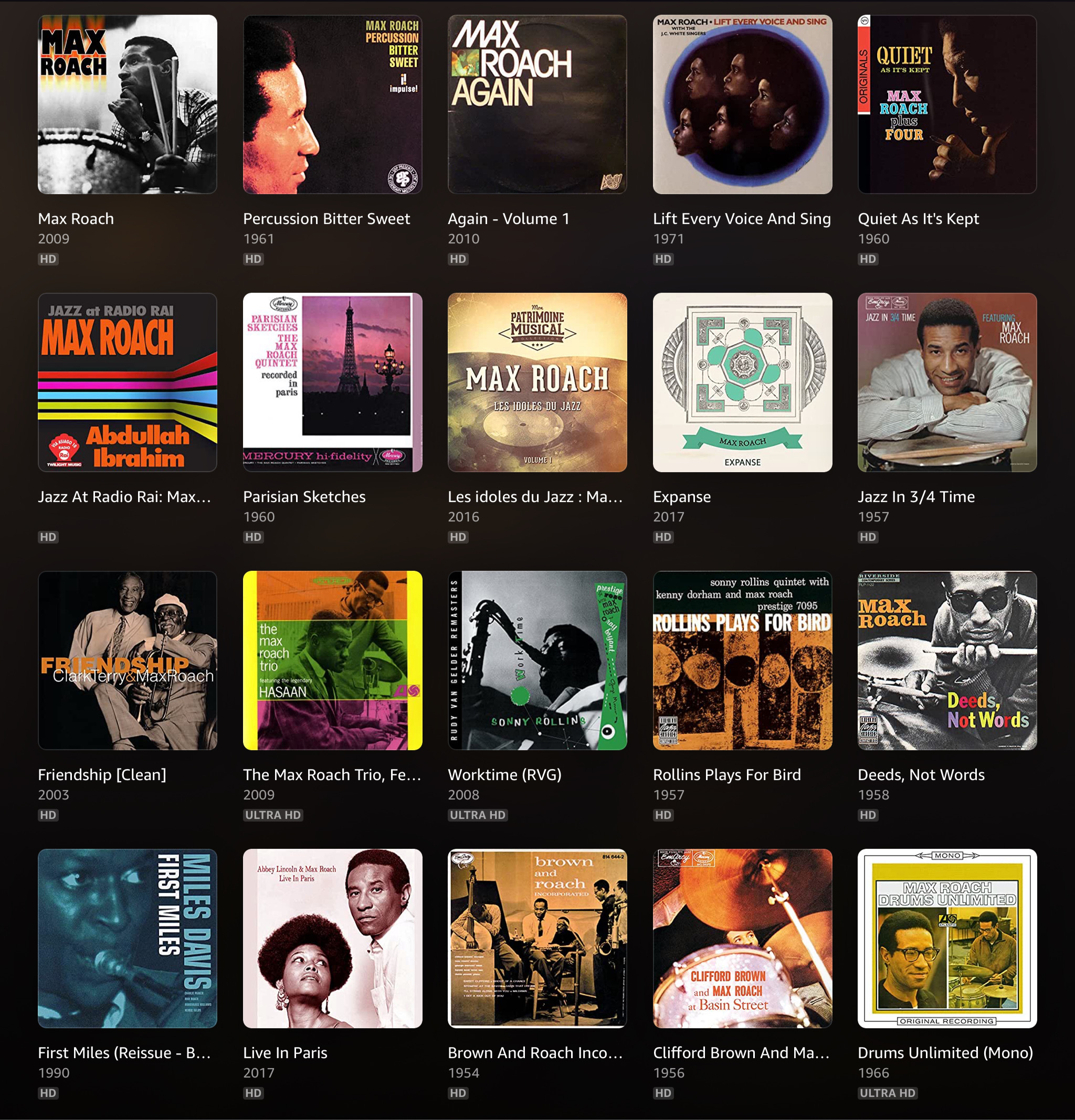 A collage of Max Roach's album covers.