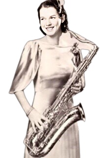 A photograph of L'ana Hyams wearing a full length shiny silk dress standing in profile facing viewer's right holding a saxophone.