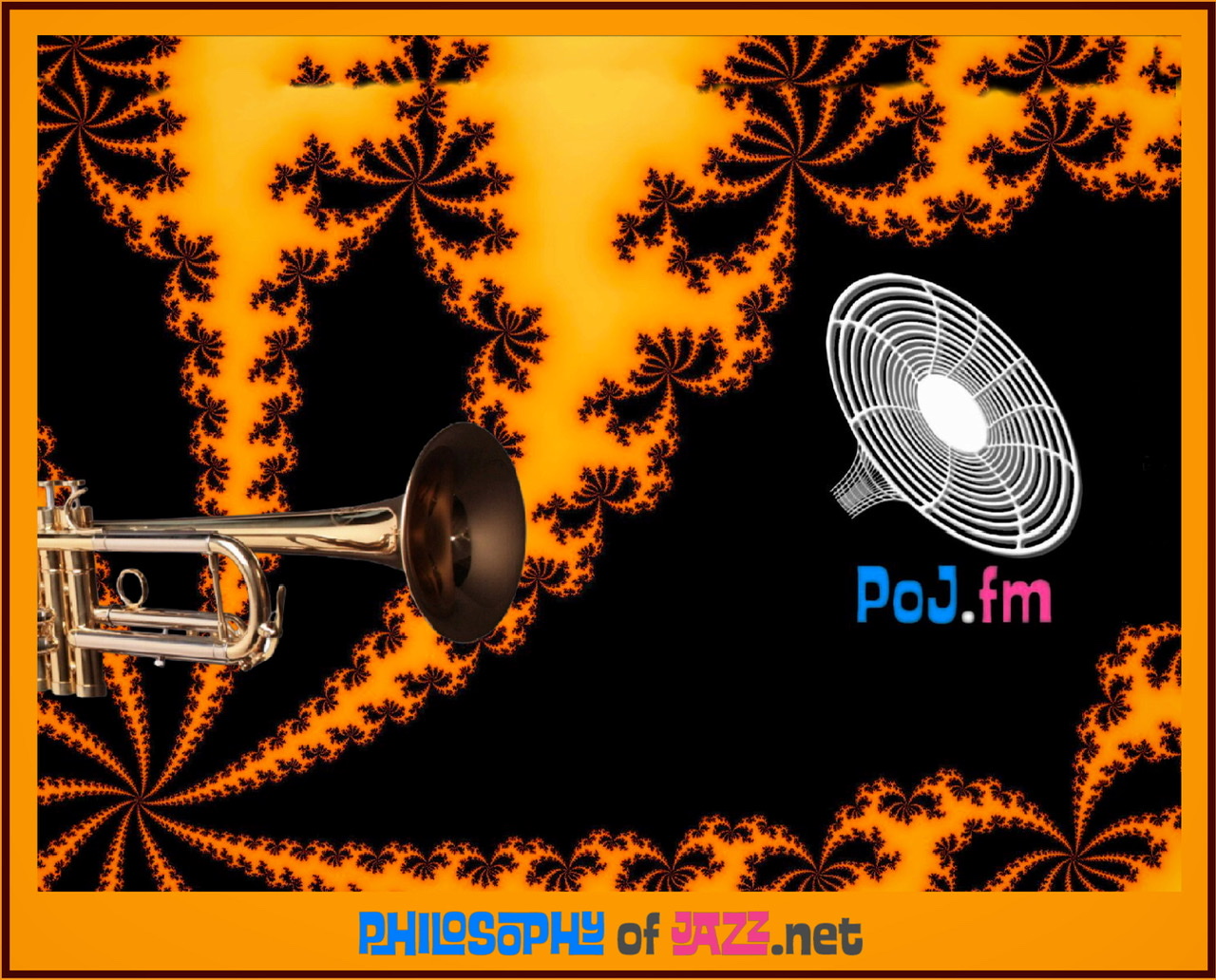 A colorful graphic of orange fractal arms with enormous trumpet on left of image with PoJ.fm logos.