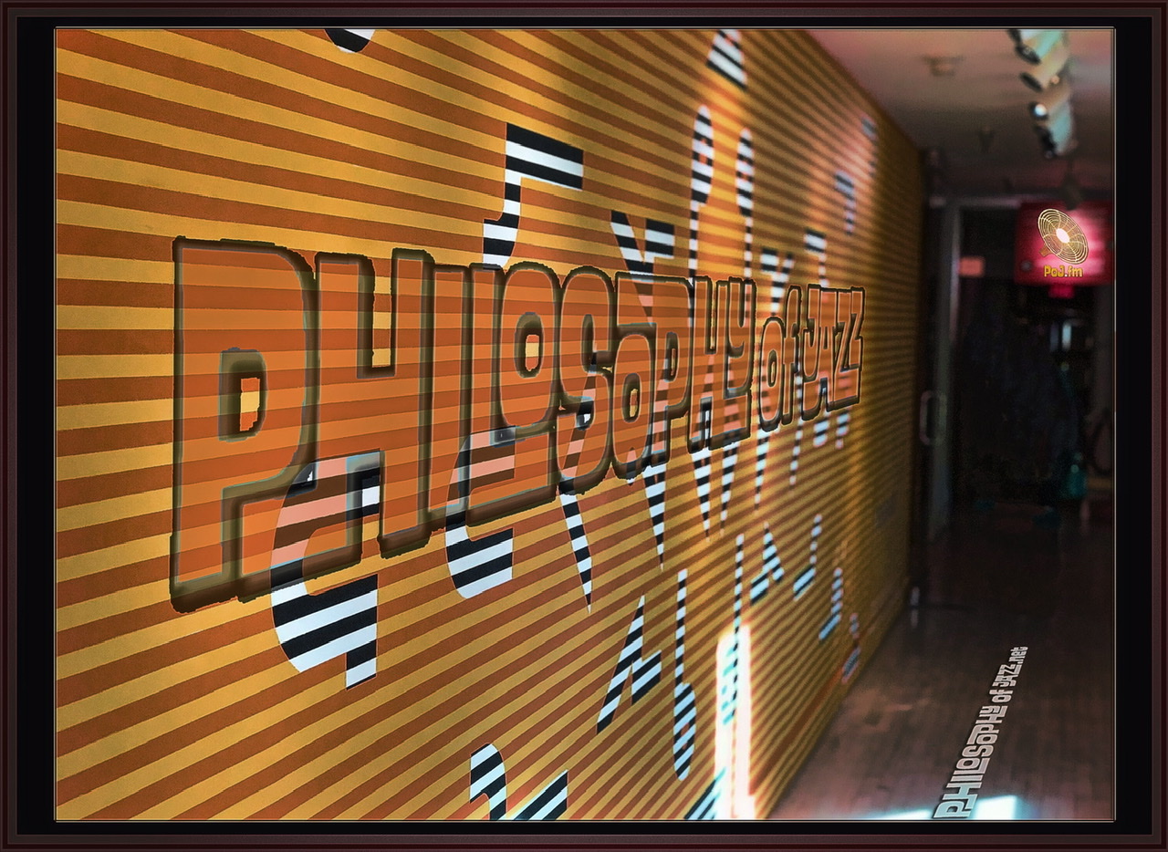 A color graphic of a darkly striped left hand wall with the words "Philosophy of Jazz" in large font on it down a corridor leading to an open door with a red sign displaying the PoJ.fm logo and the URL PhilosophyOfJazz.net written on the corridor floor.