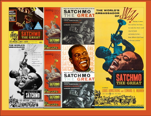 A collage of posters for the movie "Satchmo the Great" starring Louis Armstrong and Edward R. Murrow.