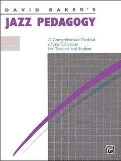 The white book cover of Jazz Pedagogy by David Baker with the title and his name in lavender font in upper left corner and a gray grid patter in lower right with a uniform painterly streak diagonal over this grid and the streaks shadow pictured beneath it overlaying the grid.