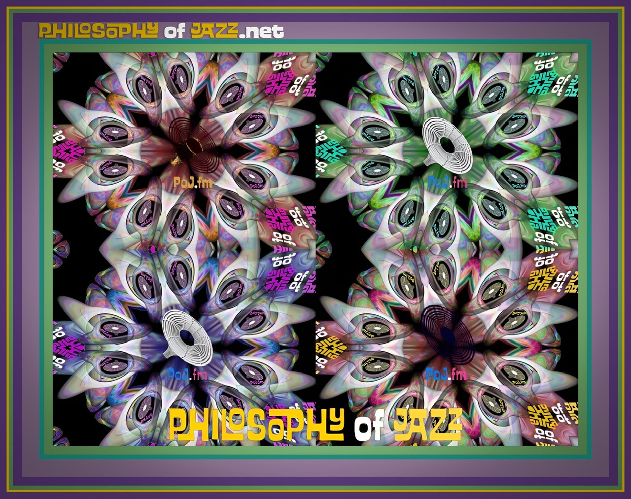 A framed color graphic of four quadrants with PoJ.fm logos at the center of each quadrant.