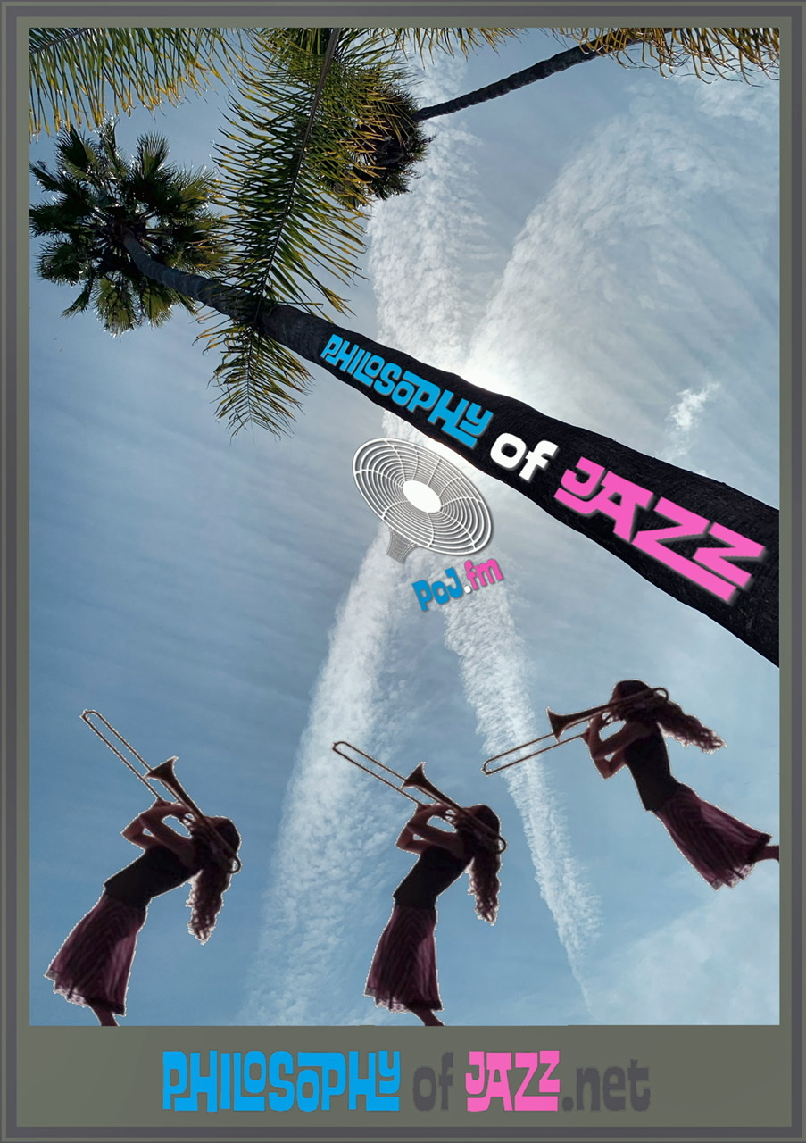 A framed color photograph of a giant "X" formed by clouds over a palm tree with three identical female  saxophonists in left profile playing on the ground around the palm tree 🌴 with a PoJ.fm logo at the center of the "X".