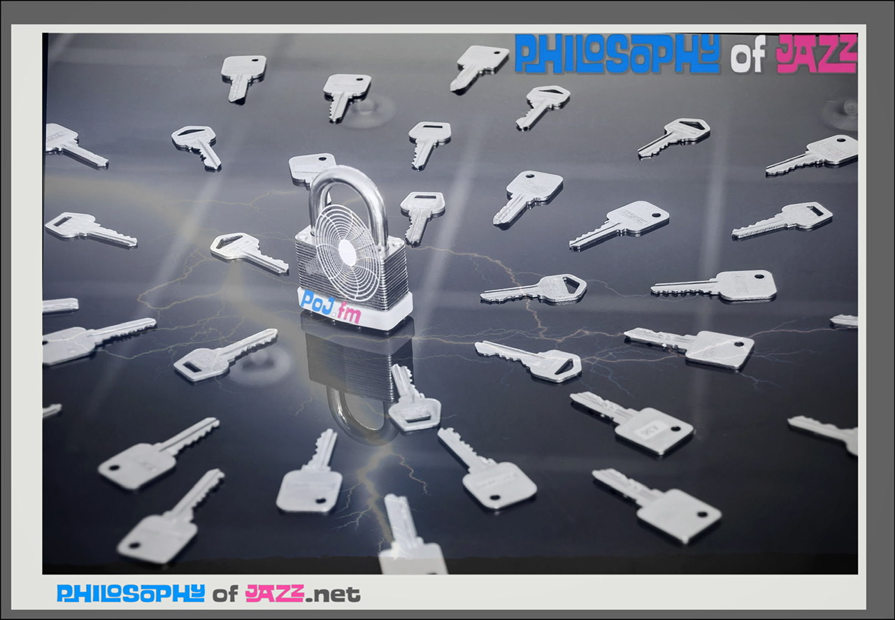 A framed color photograph of many silver keys laid out in glass surrounding one silver padlock with a PoJ.fm logo on it and the words Philosophy of Jazz in the upper right corner.
