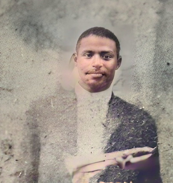 An enhanced and colorized headshot of Buddy Bolden looking clear-eyed.