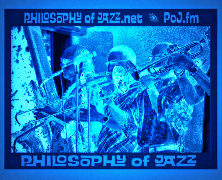 A deep dark blue overall coloring of four jazz men facing left and blowing hard on their respective horns.