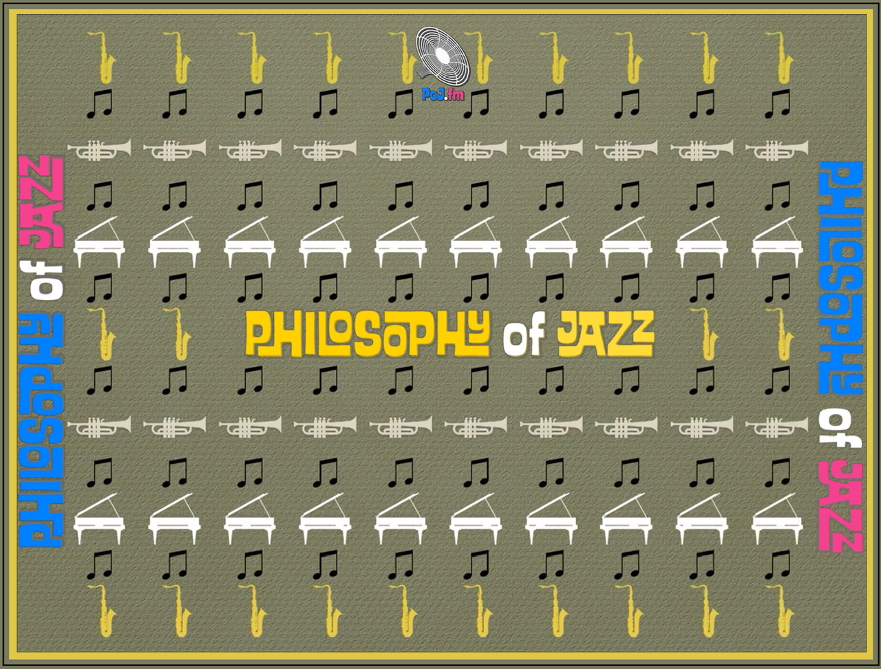 A thin yellow line frame using a moss green textured background with repeating rows of saxophones 🎷, then trumpets 🎺 , then pianos 🎹, with multiple black two note chord symbol interspersed between each row and with PoJ.fm logos.