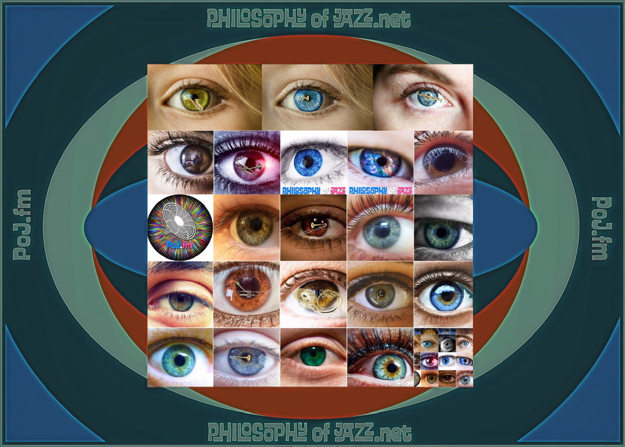A framed graphic of a composite in a centered square surrounded behind it with four oblong shaped overlapping and obscured by the square composite of twenty color eyeball closeups with PoJ.fm logos in frame.