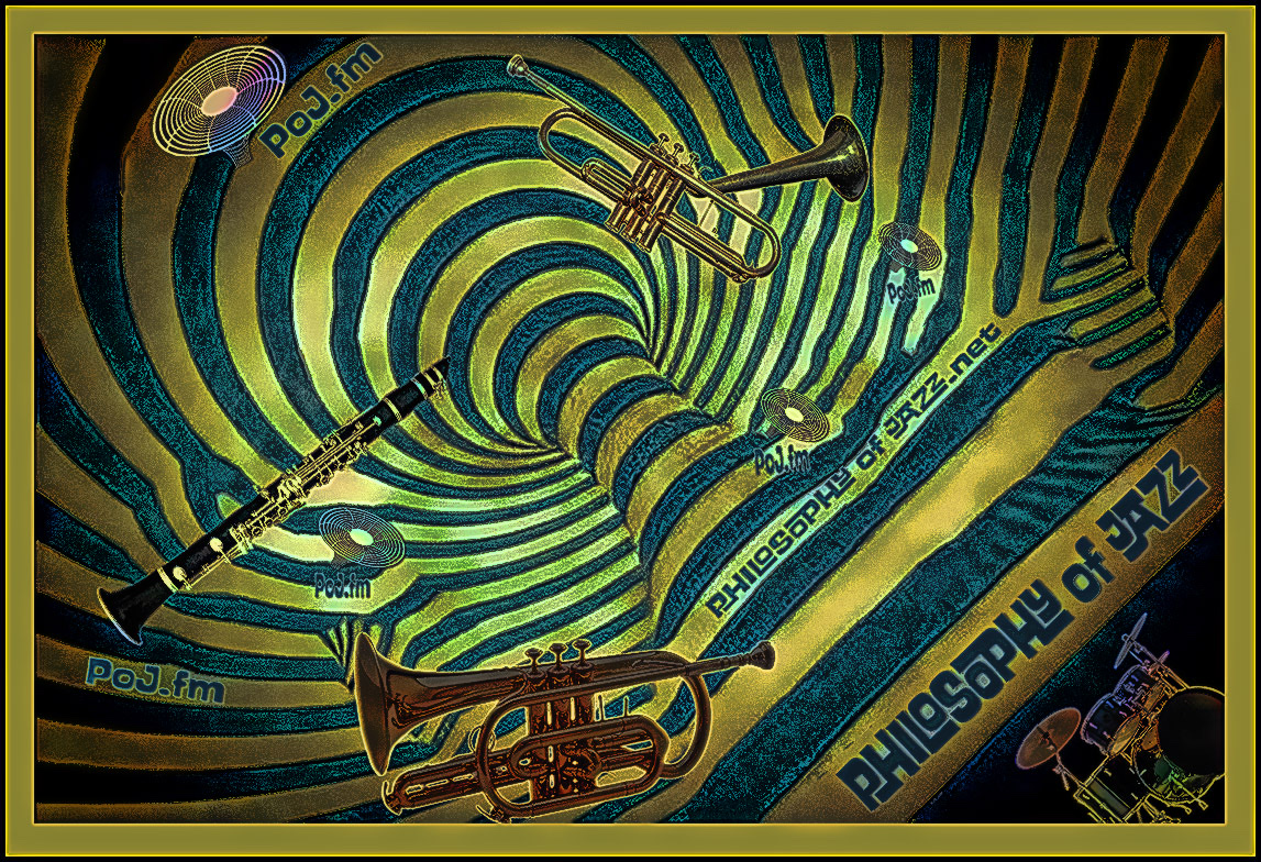 A blue tory's 3D optical,illusion with musical,instruments added and with PoJ.fm logos.