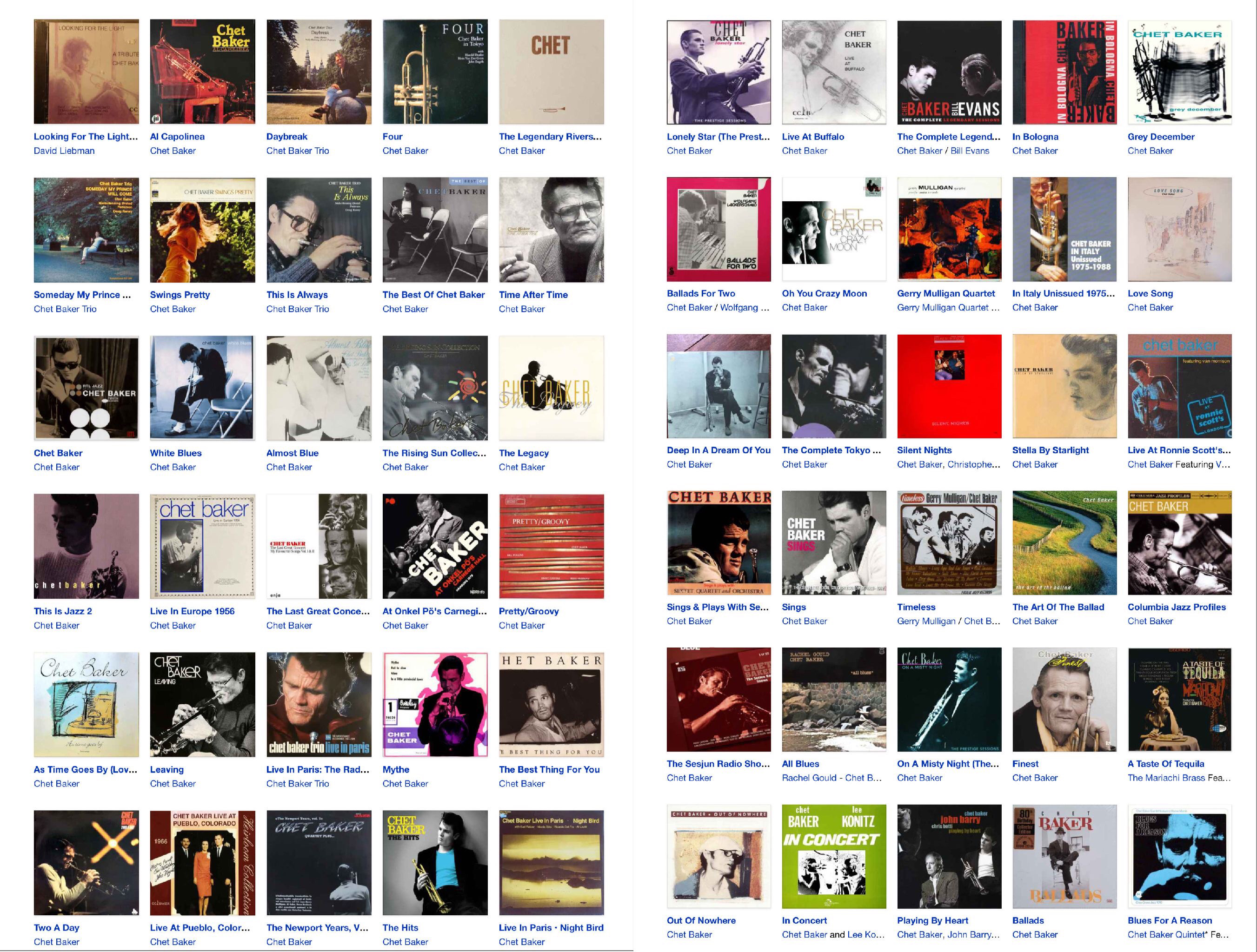 A color composite of many of Chet Baker's album covers with titles.