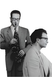 A black and white photographic cutout of Paul Desmond standing with his alto saxophone with pianist Dave Brubeck seated photographed by Carl Van Vechten.